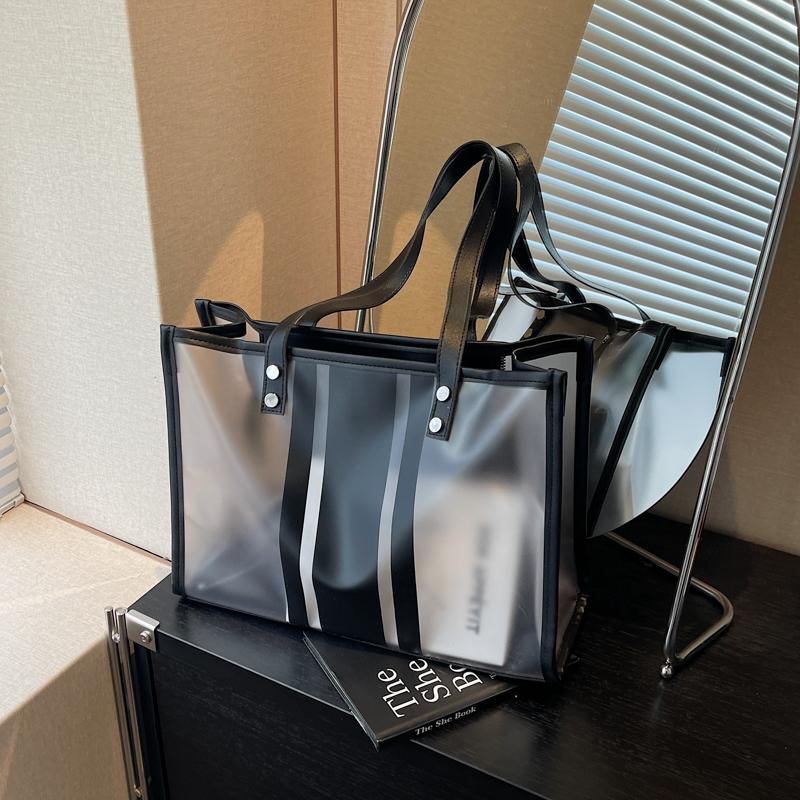 

Summer Transparent Shoulder Bag Set For Women 2-IN-1 PVC Striped Large Capacity Shopping Totes Travelling Beach Handbag 35x26x13cm