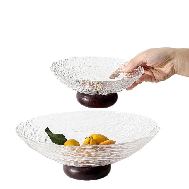 Vintage Glass Fruit Bowl with Wooden Base - Modern Home Coffee Table Snack & Dried Fruit Plate, Personalized & Exquisite Design