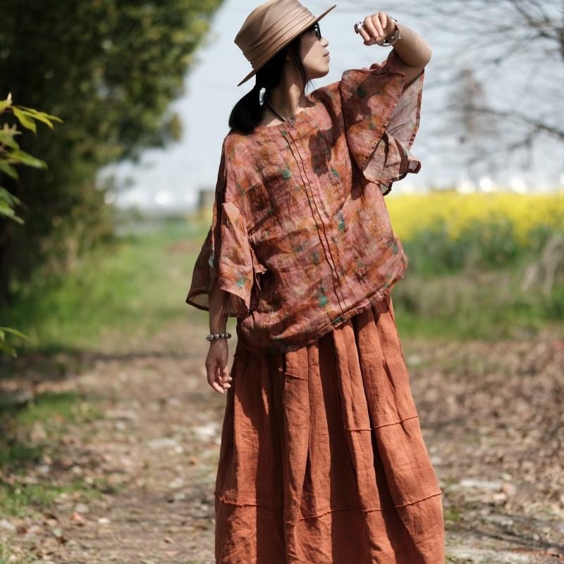 Johnature Mode Vintage Leinen Lose T-Shirt Frühling Sommer Frau O-Ausschnitt Casual Halbarm Blumen Druck T-Shirt