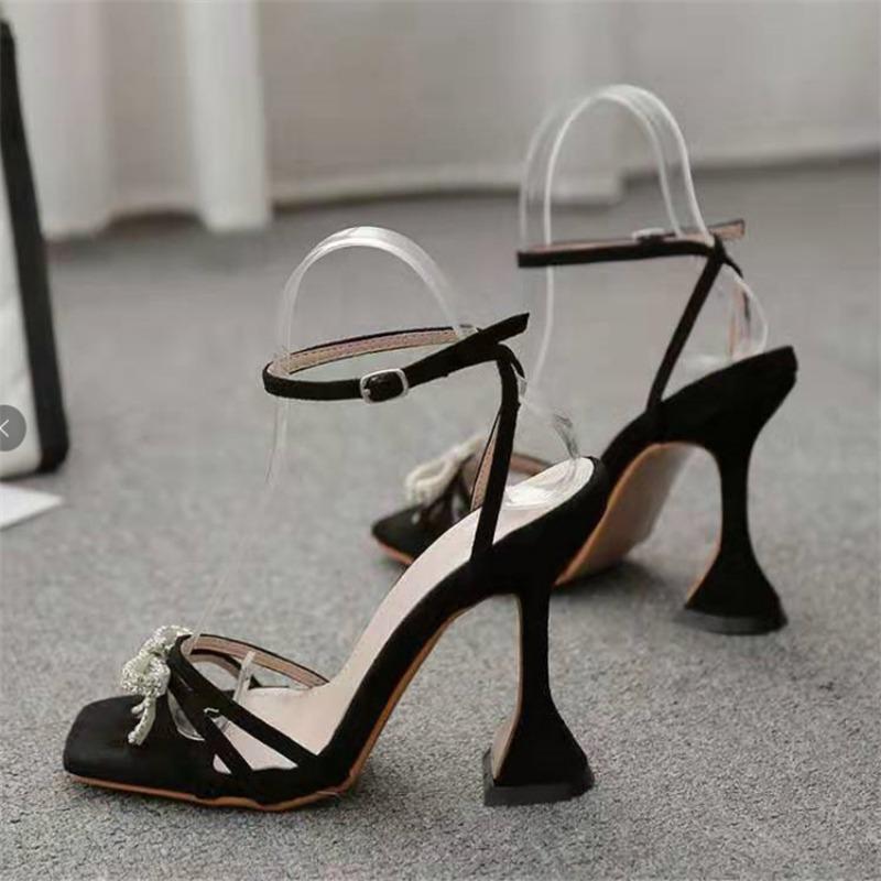 Large Size High-heeled Sandals Women Outside Wear Rhinestone Bow Solid Color Fine High Heels
