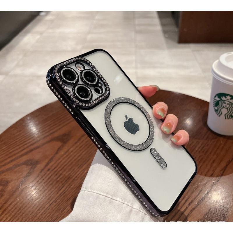

Блестящий Магнитный Всасывающий Подходит для Apple 16E Стразы Чехол для Мобильного Телефона Прозрачный Iphone15Pro Гальваническое Покрытие Противоударный 14 Защитный Чехол iPhone11 чёрный