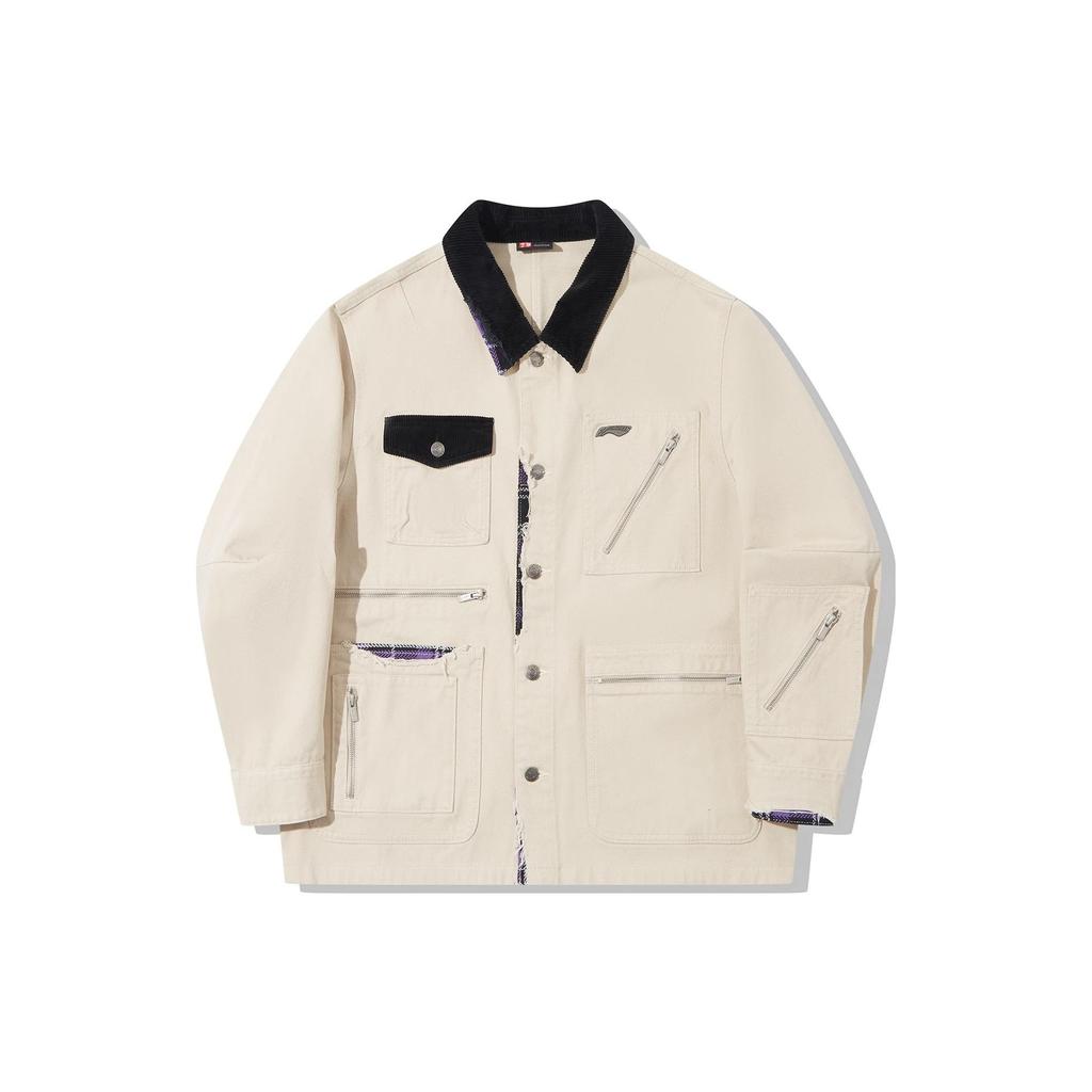 Li Ning X Pleasures Collaboration Color Block Letter Print Casual Loose Jacket Men Jacket Oatmeal-Gray AFDT861-2