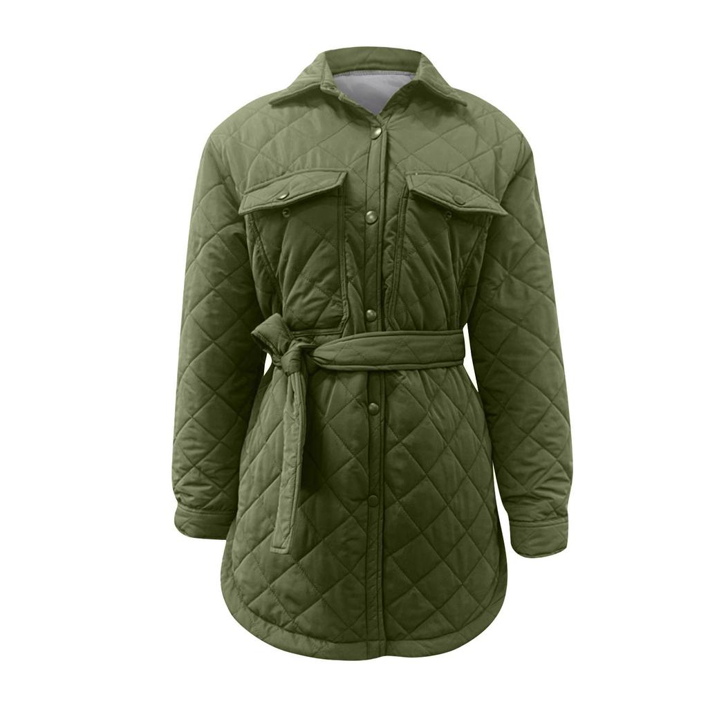 Women's Long Button-down Lapel Loose Warm Diamond-patterned All- Thickened Cotton Coat