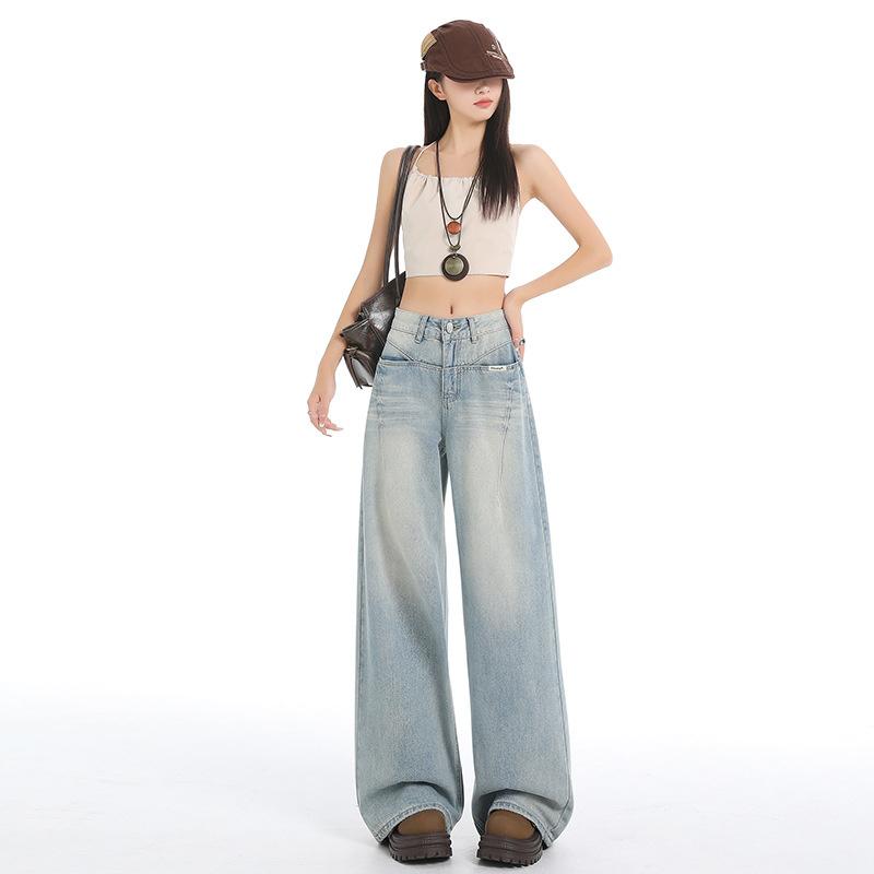 American retro street style hot girl jeans for women, new spring/summer design, high-waisted, drapey, loose, wide-leg, floor-length pants