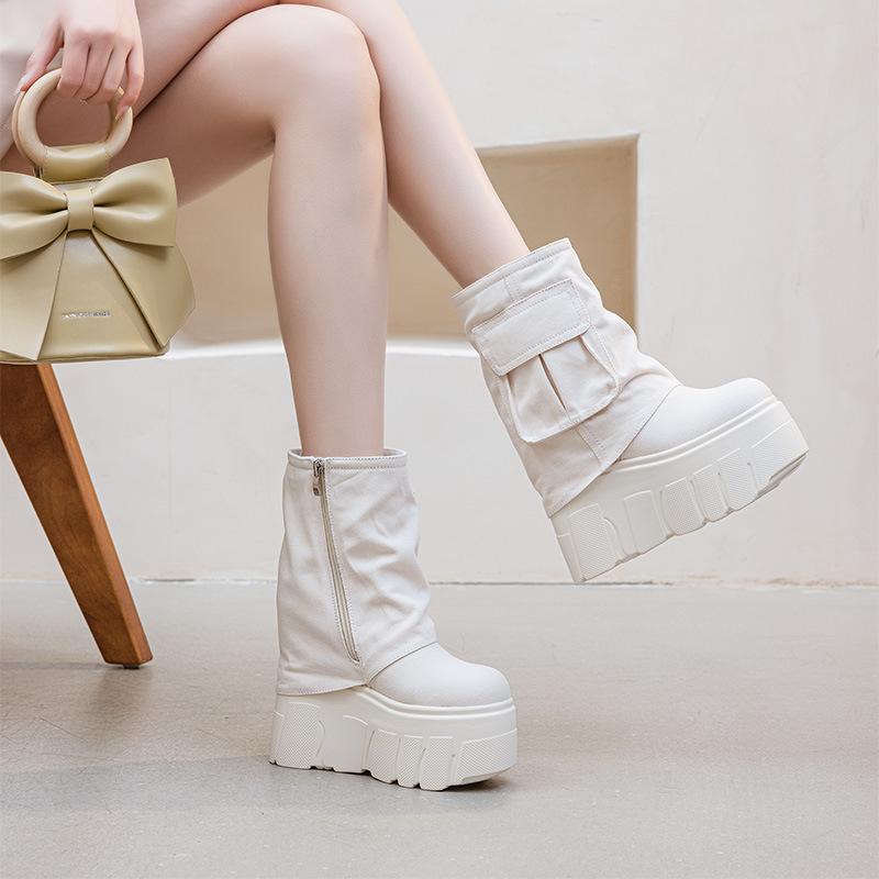 Fashion 14CM Street Style Denim Mid Calf Platform Wedge Breathable Women Boots Casual Knee High Boots Autumn Female Spring Shoes
