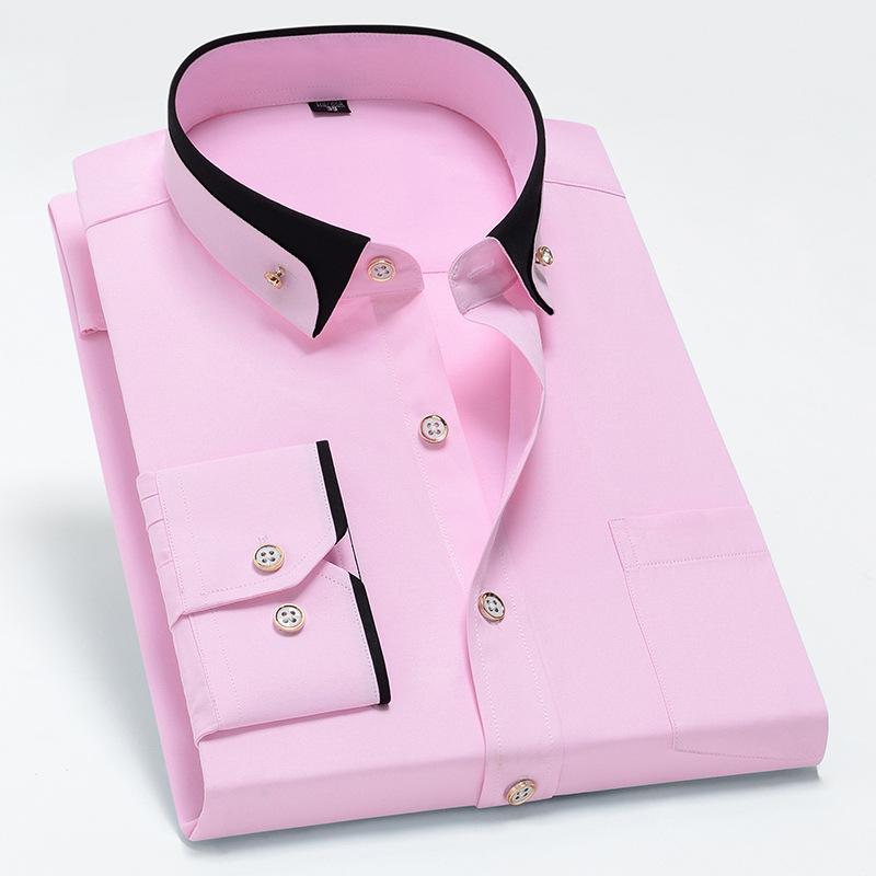 Men's Color-Block Collar Long Sleeve Dress Shirt with Crystal Buttons, Lapel Collar, Fashionable Business Casual Cardigan, Wrinkle-Free Stretch Shirt