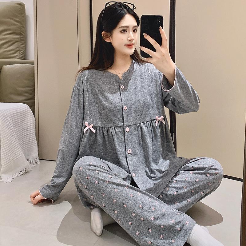 2025 Frühling/Sommer Reine Baumwolle Umstandspyjama für die Zeit nach der Geburt und zum Stillen - Atmungsaktiver Langarm-Cardigan Homewear