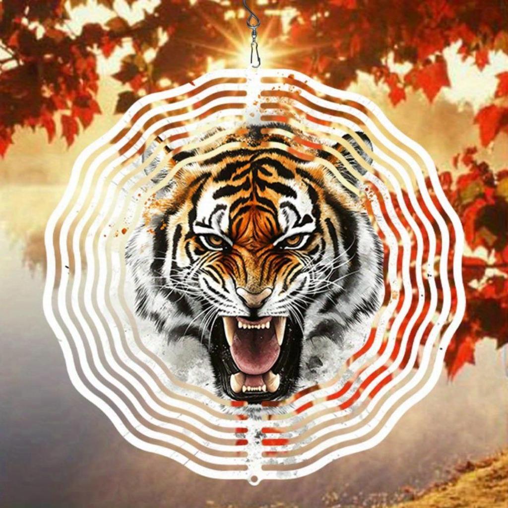2D Metal Wind Spinner Garden Patio Decoration Charming Fierce Tiger Pattern Outdoor Wind Chime for Thanksgiving Christmas Holiday