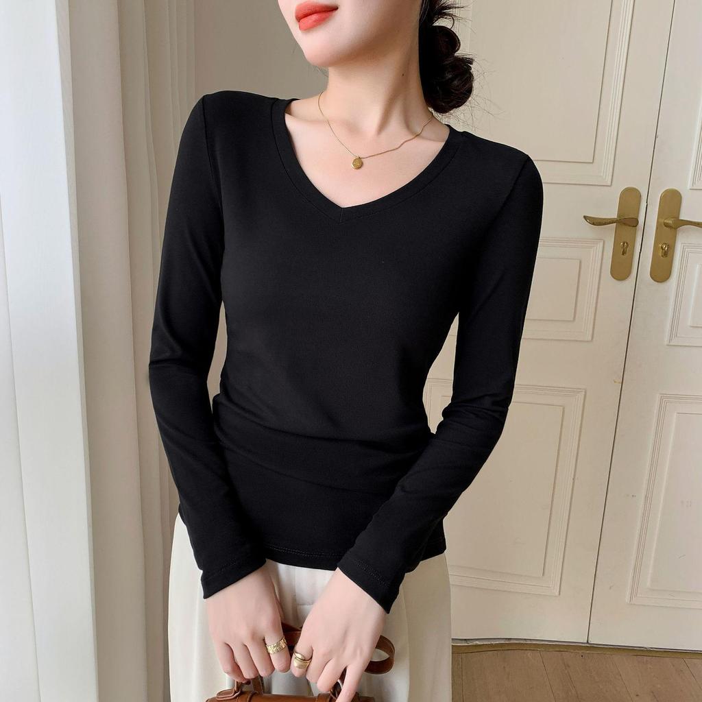 Women's Slim Fit V-Neck Ribbed Long-Sleeve Top for Autumn/Winter
