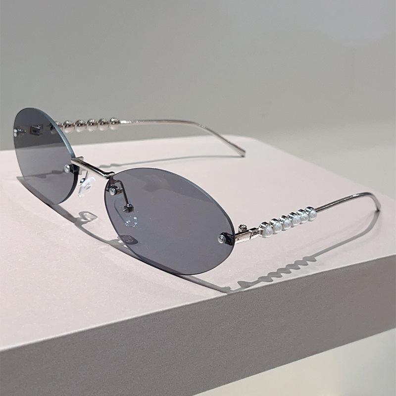 Vintage Rimless Oval Sunglasses Women For Men Luxury Brand Designer Sun Glasses Punk Popular Pearl Metal Eyeglasses Uv400