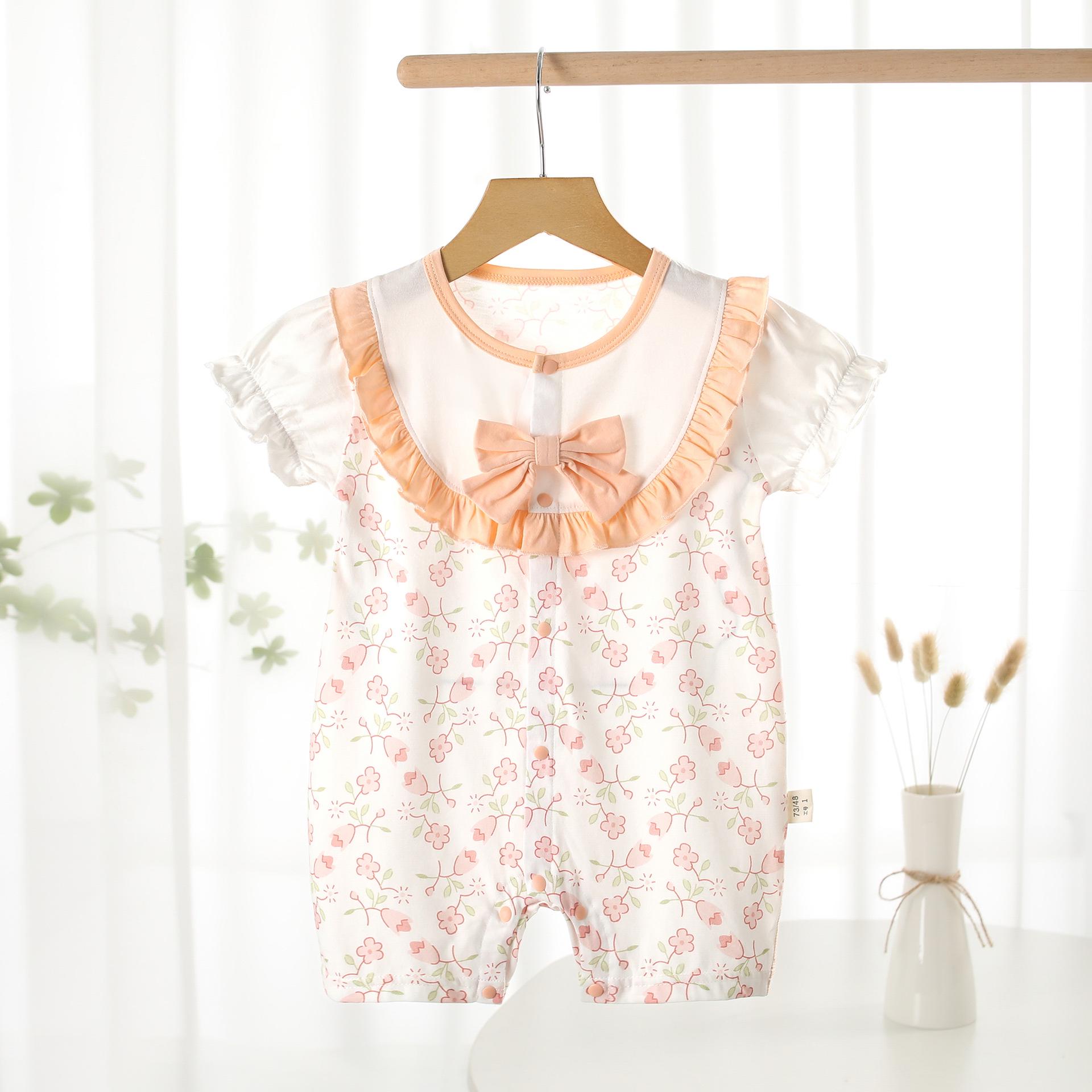 

Младенческий хлопковый ромпер с коротким рукавом и цветочным принтом - Летний тонкий боди 90 cm красный/оранжевый