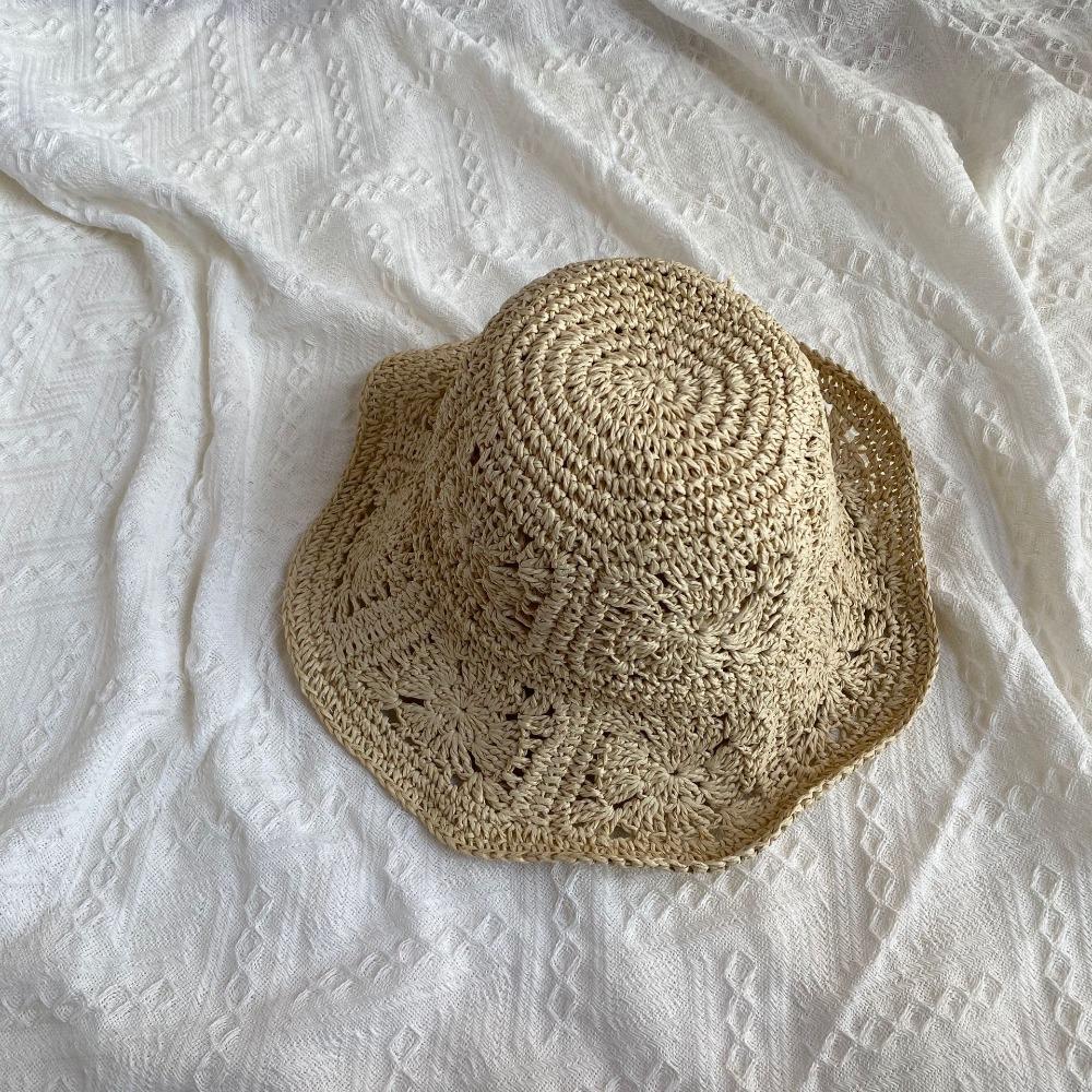 

Fashion UV Protection Sunscreen Straw Hats Foldable Breathable Bucket Cap Lightweight Crochet Sun Cap Female Fashion бежевый
