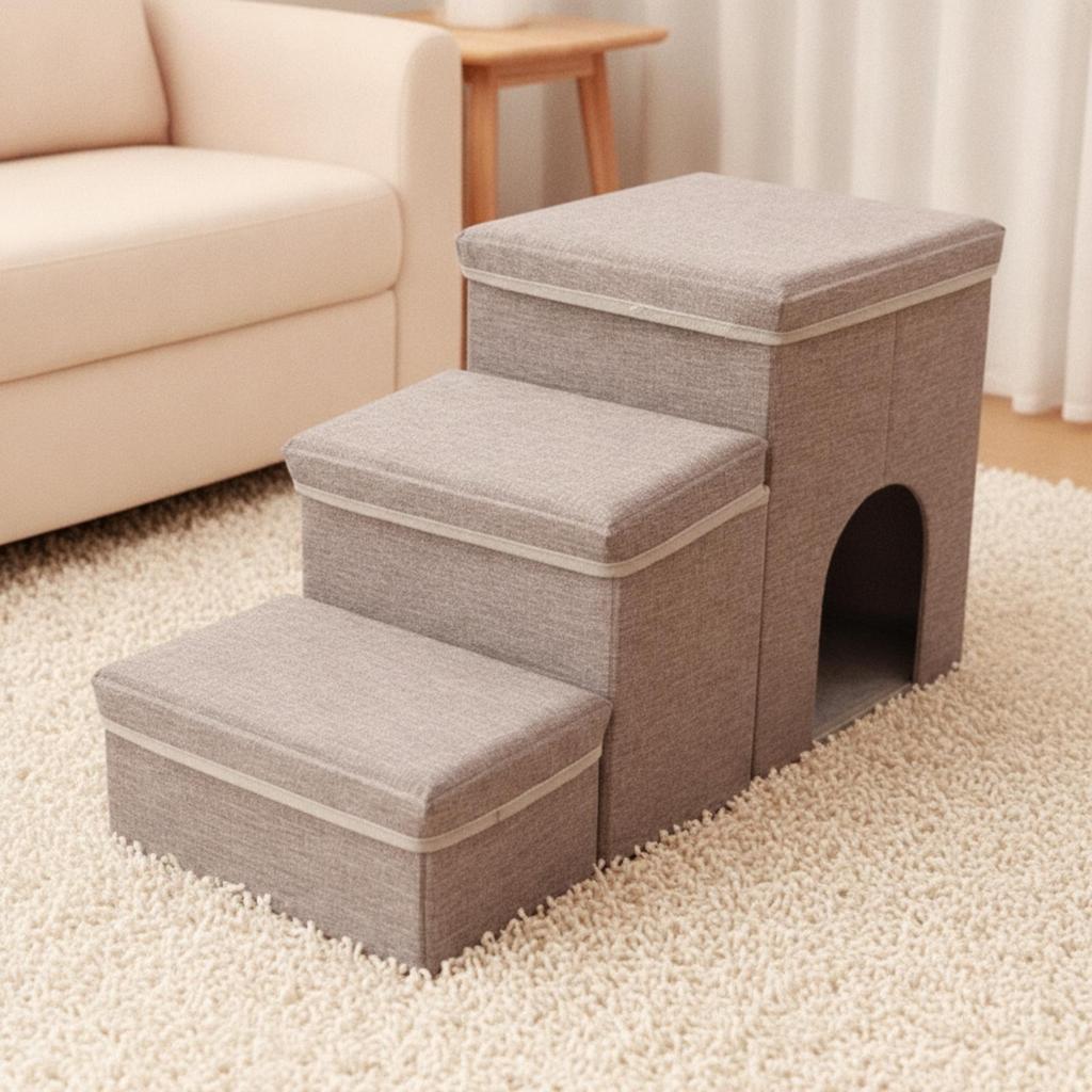 3-Step Pet Stairs Soft Steps with Den Cozy for Sofa, Living Room, Small Dogs
