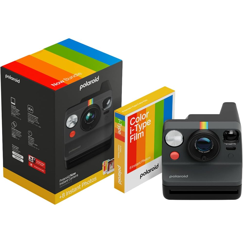 Polaroid Now 3rd Generation I-Type Instant Camera + Film Bundle - Now Black Camera + 8 Color Photos (6572)