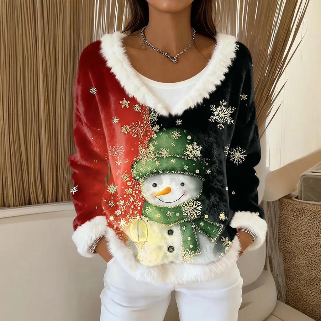 Dámský módní plyšový pulovr s výstřihem do V, tričko s dlouhým rukávem, vánoční potištěná mikina