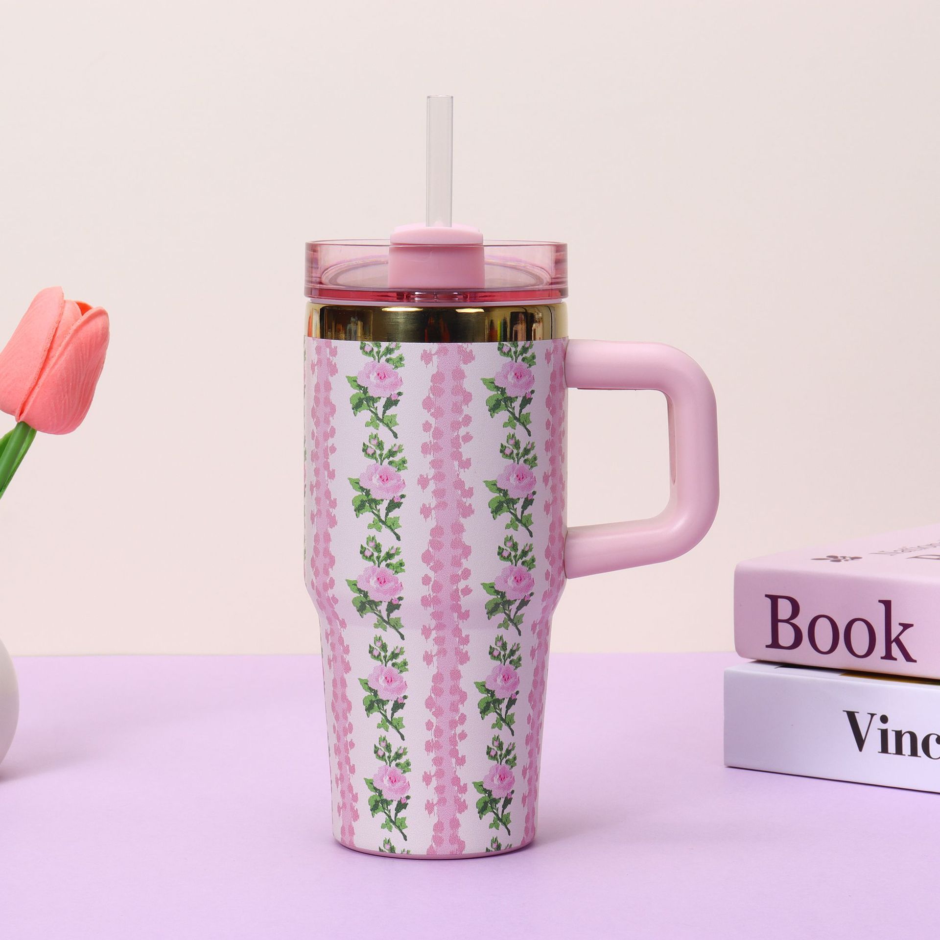 

Автомобильный стакан объемом 14 унций из нержавеющей стали 304 с изоляцией, ручкой, крышкой с трубочкой и функцией сохранения холода для автомобиля, офиса, подарков 14oz розовый