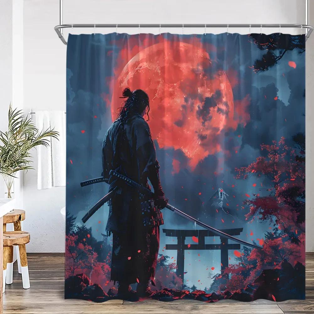 Japanese Warrior Samurai Shower Curtain Japan Shrine Red Full Moon Cherry Blossom Bathtub Decor Polyester Bath Curtain with Hook