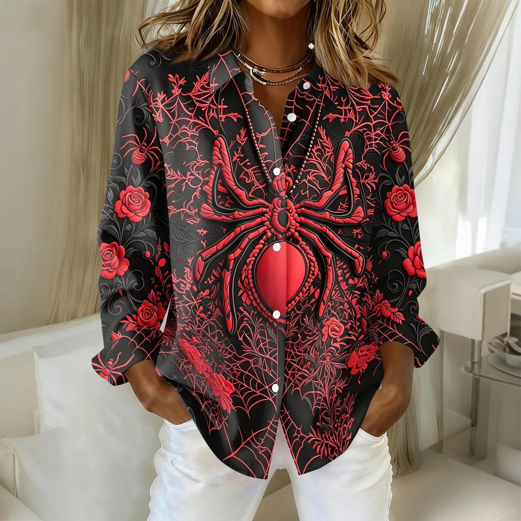 Women's Halloween Print Long Sleeve Button Down Shirt with Collar, Fit Casual Top
