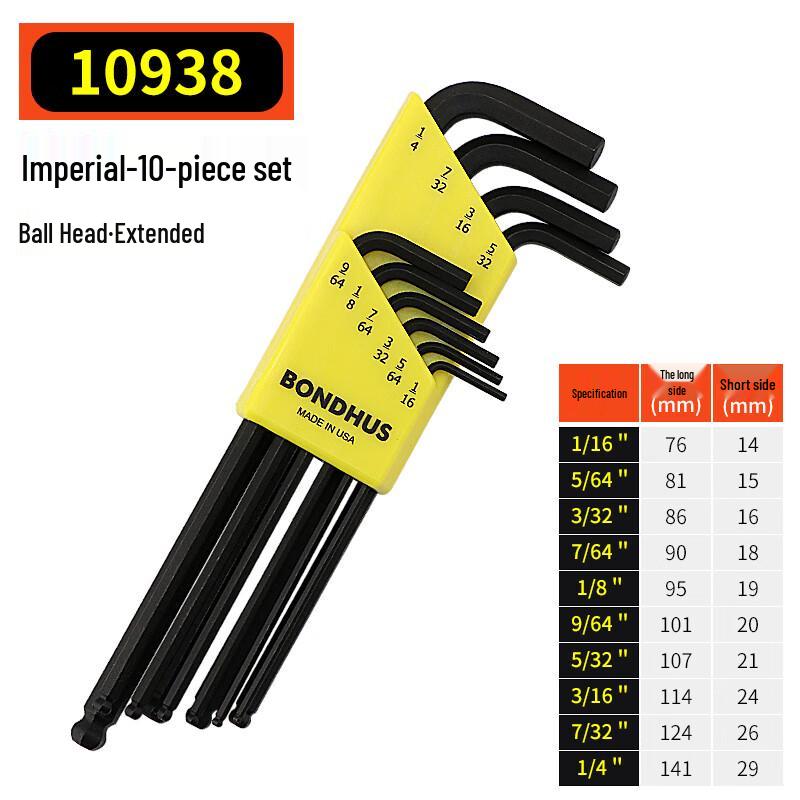BONDHUS Imperial Extra Long Ball End Hex Key Set 12-Piece Set