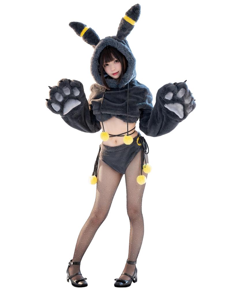 Mobbunny Beautiful Cosplay Anime Long Black Cute Outfit Black Women's Costume, Game, Sleeves, Pajamas, Top, Bra, Lingerie, Pants, Animal-Style Cat,