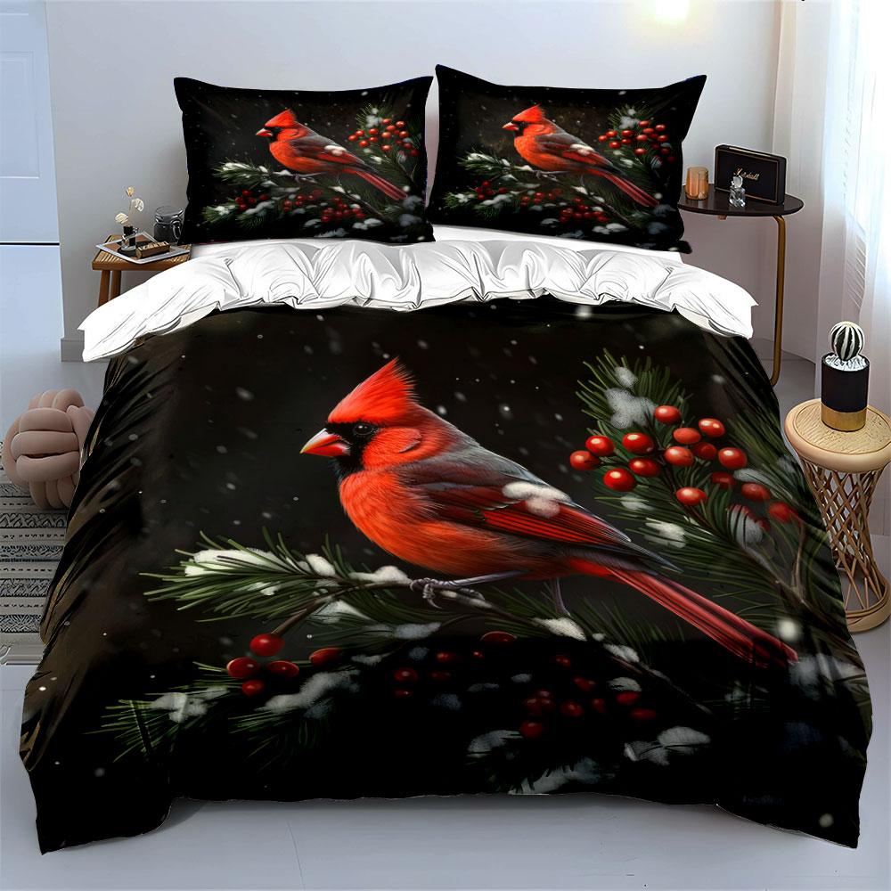Cardinal Bird On Snowy Branch Bedding Duvet Cover Set  (1*Duvet Cover 2*Pillowcases, Without Duvet Insert)