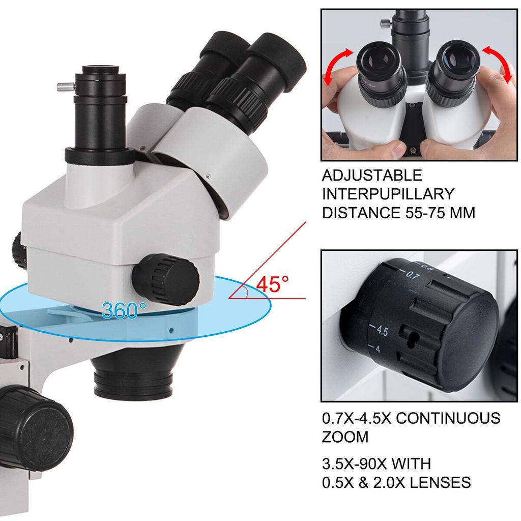 3,5X-90X Stereo mikroskop 360° otočný trinokulární stereo mikroskop s pilířovým stojanem