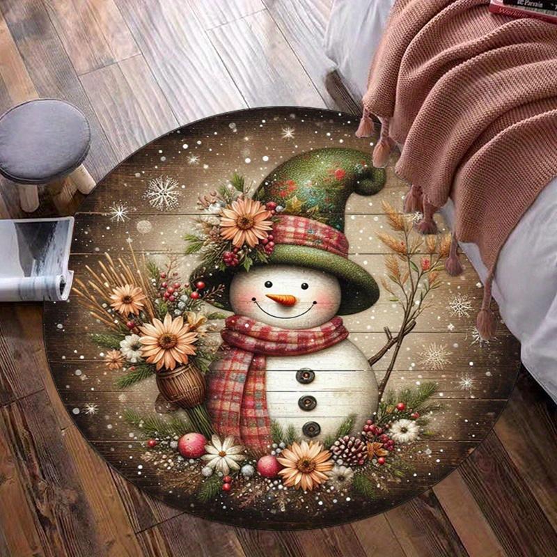 

Snowman Winter Floral Round Rug Plush Floor Mat Cozy Bedroom Living Room Decor Seasonal Holiday Home Decoration SnowmanThemeRug 60cm x 60cm