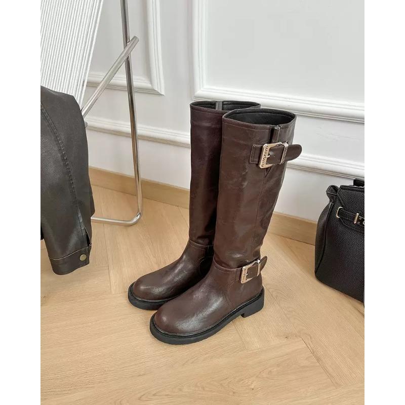 

Коровья кожа~ Натуральная кожа ботинки рыцарские на толстой подошве женские ботинки с пряжкой ремня осенне-зимние ретро длинные сапоги широкое голенище тонкие высокие сапоги 40