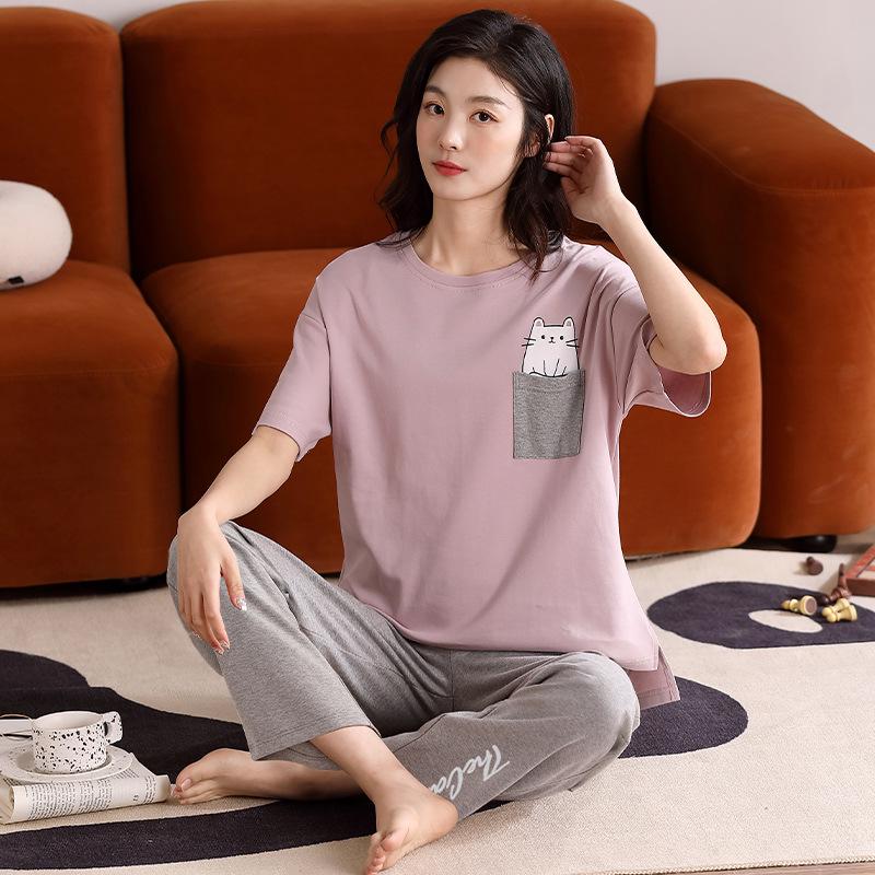 2024 Women's Summer Pajama Set: Pure Cotton, Short Sleeve, Long Pants - Lightweight and Casual for Indoors or Outdoors