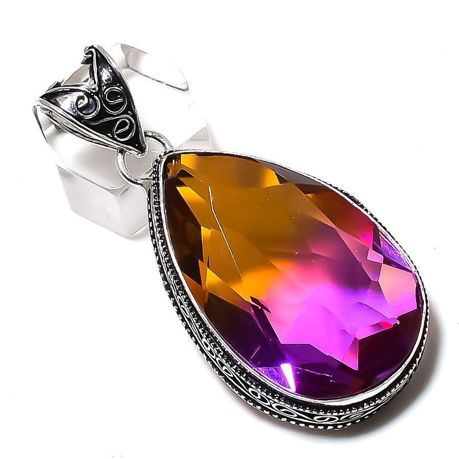 Natural Bi-Color Tourmaline Gemstone 925 Sterling Silver Pendant 2.29" U6n97