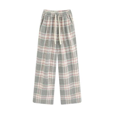 Retro Plaid Pants Children's New Autumn and Winter High-waisted Straight-leg Pants Loose Casual Velvet Wide-leg Pants