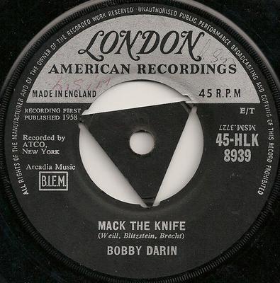 Disco de 7 polegadas BOBBY DARIN - Mack The Knife 45HLK8939 London Records, 1959 Reino Unido Rock Usado