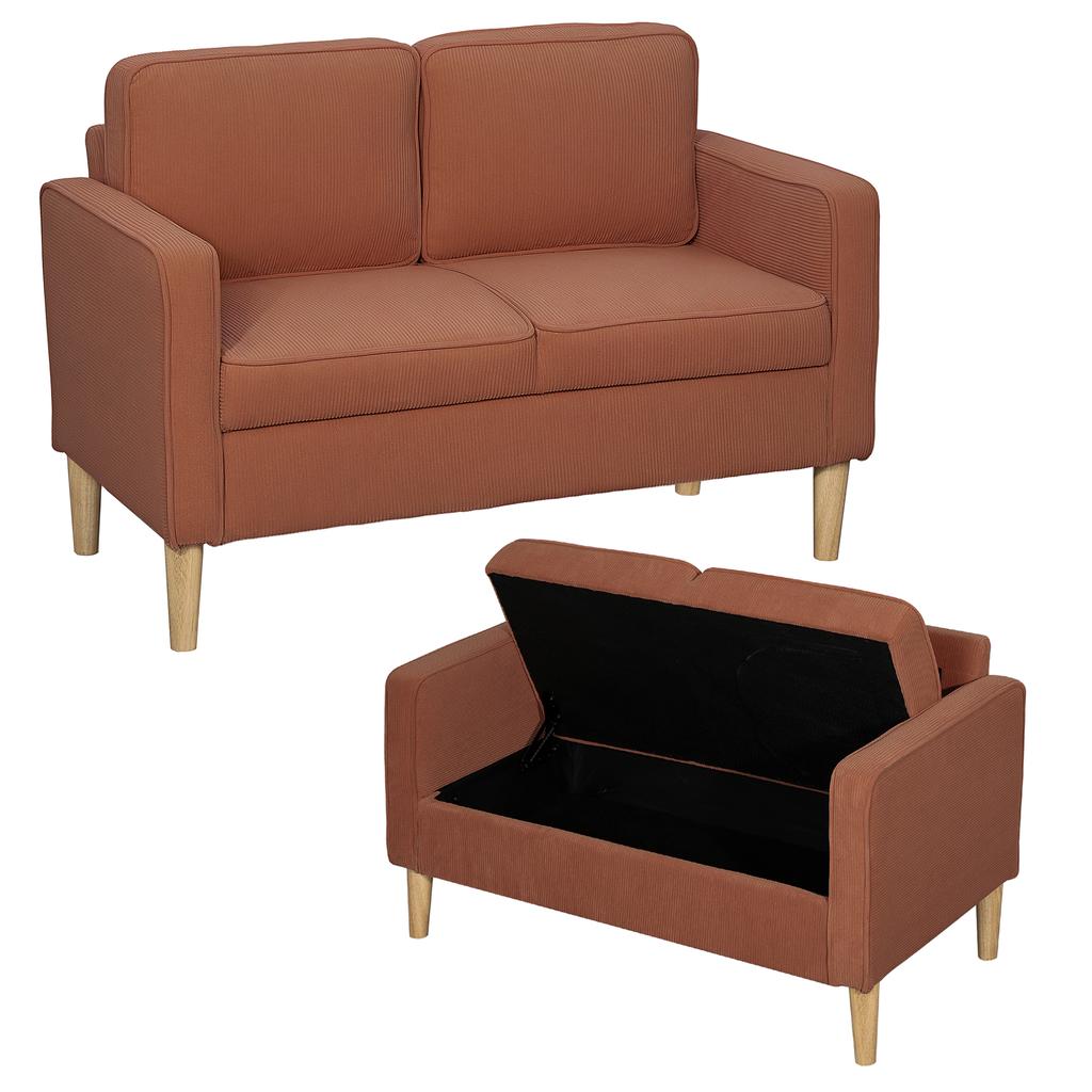 2-Seater Sofa with Storage and Solid Wooden Legs, for Living Room, Bedroom, 117 x 63 x 79 cm, Orange