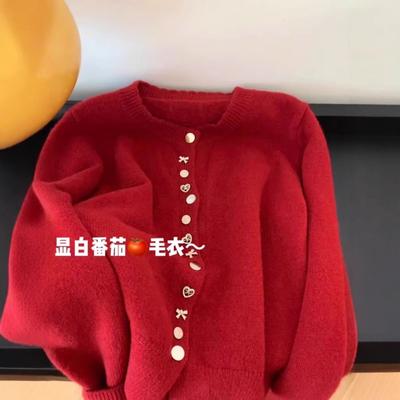 White Gentle Tomato Red Knitted Cardigan Women's Autumn and Winter New Design High-end Chic Buckle