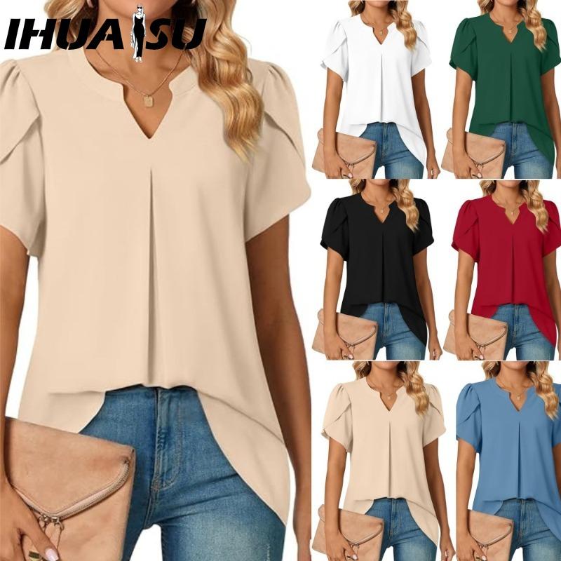 IHUASU Camicette e camicie da donna con scollo a V, maniche corte, stampa tinta unita casual alla moda