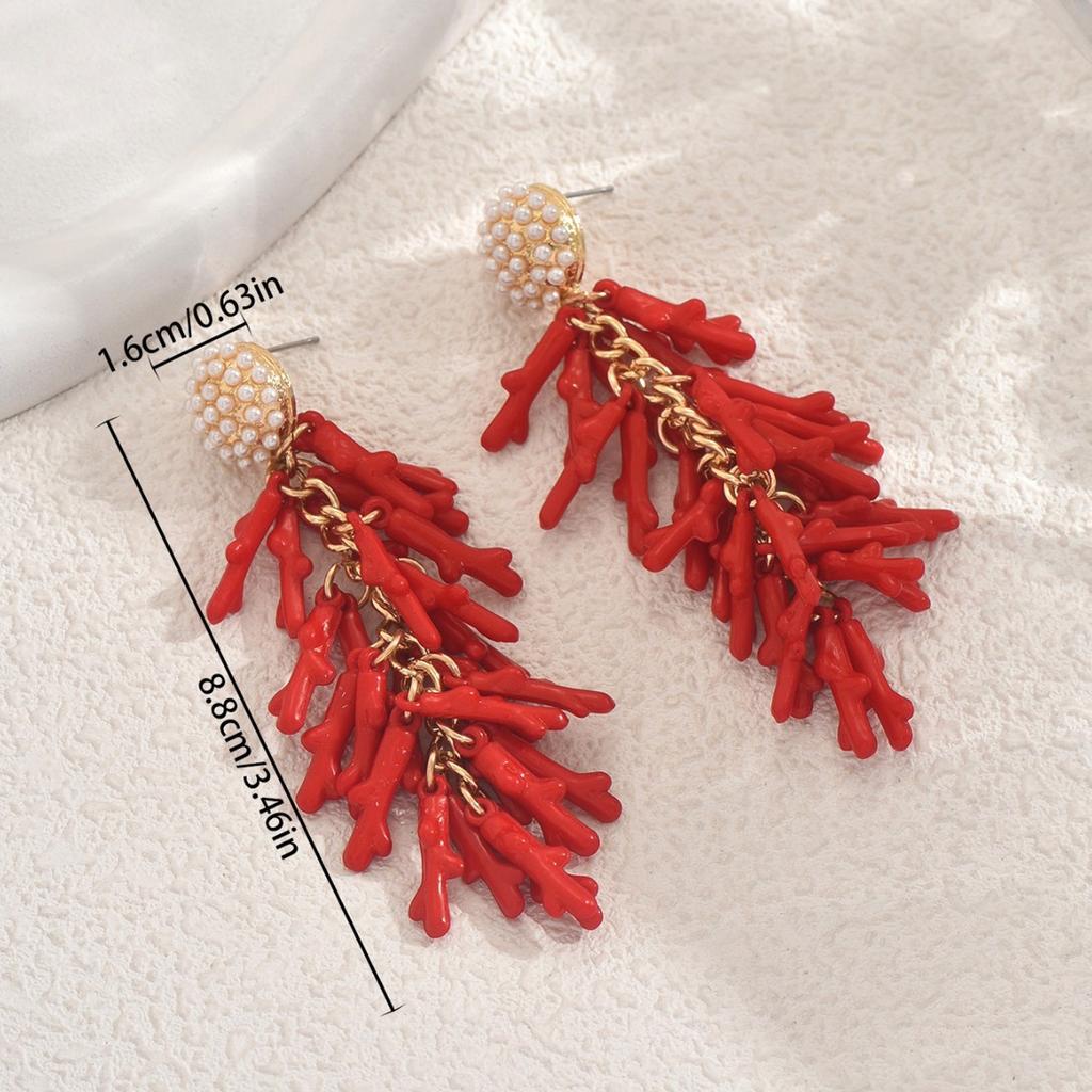 Stylish Beach Coral Resin Earrings With Pearl Accents Lightweight Alloy Jewelry For Women Daily Wear