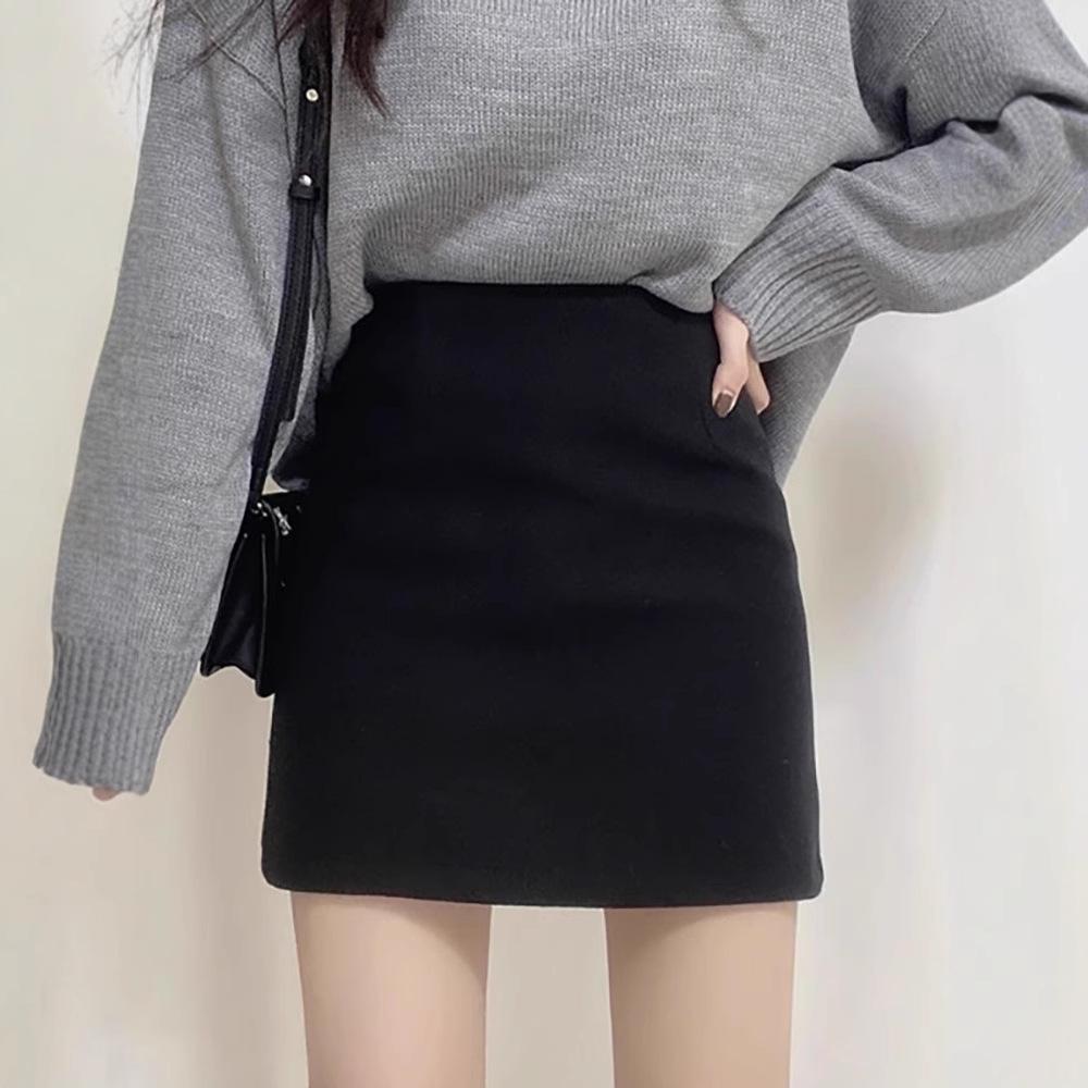 Women's High Waist Black Woolen Pencil Skirt - Autumn/Winter 2026 Trend, Hip-Hugging, Slimming A-line Design
