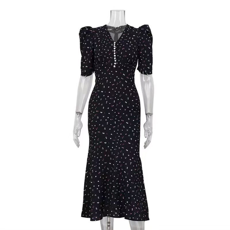 

Fashion Style New Arrival Fashion Elegant Printed V-neck Short Sleeve High Waist Dress Printed V-neck Dress Black M
