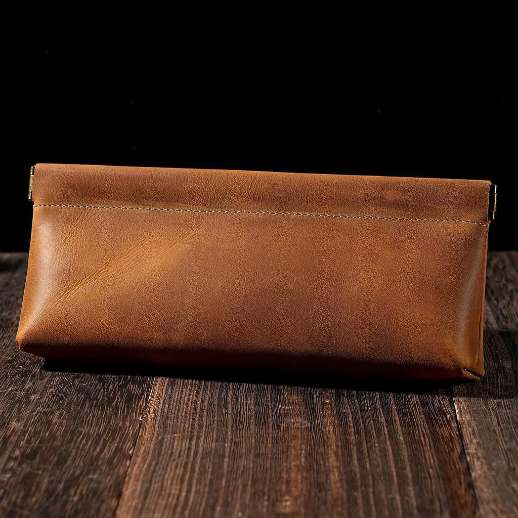 Spring-Loaded Crazy Horse Cowhide Pencil Case & Coin Purse - Multi-Functional Stationery Bag