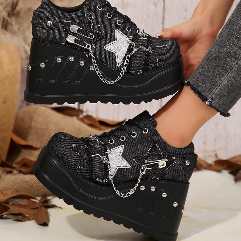 Gothic Chunky Platform Wedges Denim Women Mary Janes Shoes 2024 New Y2k Sweet Cute Women Shoes Pumps Loafers Comfy Shoes
