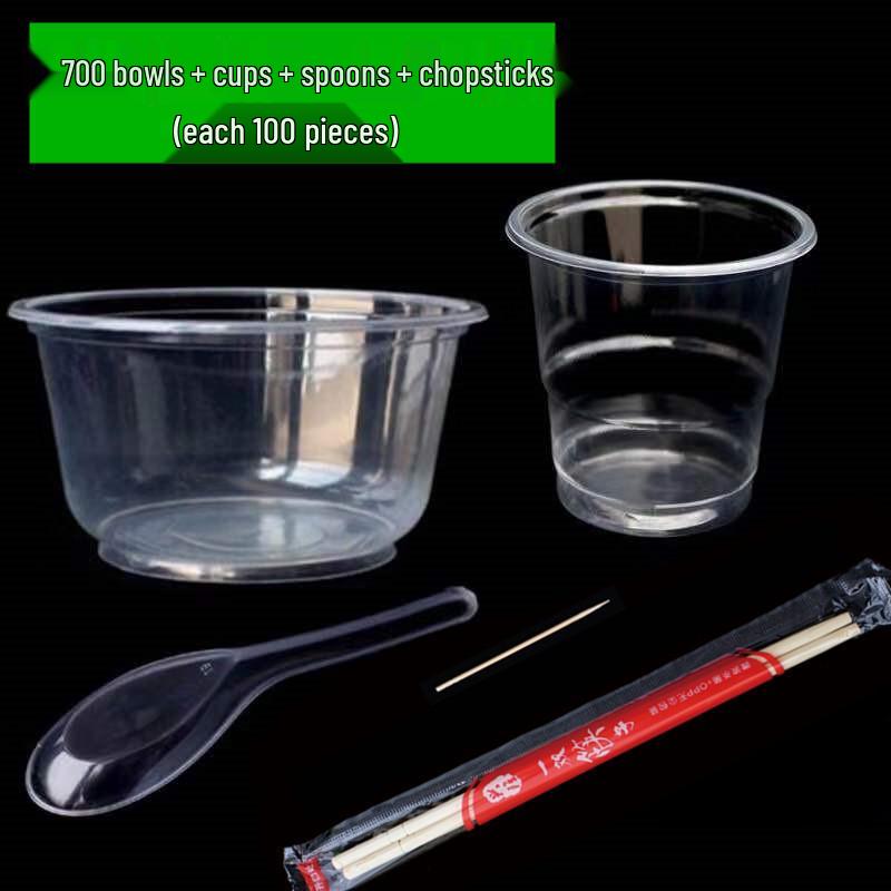 Disposable Tableware Set: Thickened Plastic Bowl with Lid, Banquet Spoon, Cup, and Chopsticks for Weddings and Household Use