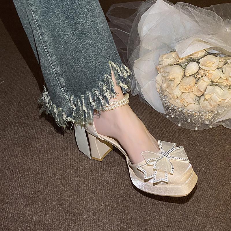 Fashion Princess Beautiful Block Heel Bridal Shoes Bow Heels Summer 2025