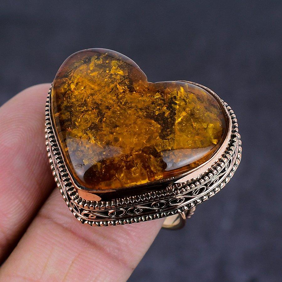 Přírodní baltský jantar, drahokam, ručně vyráběné měděné šperky, prsten velikosti 9, u1r90