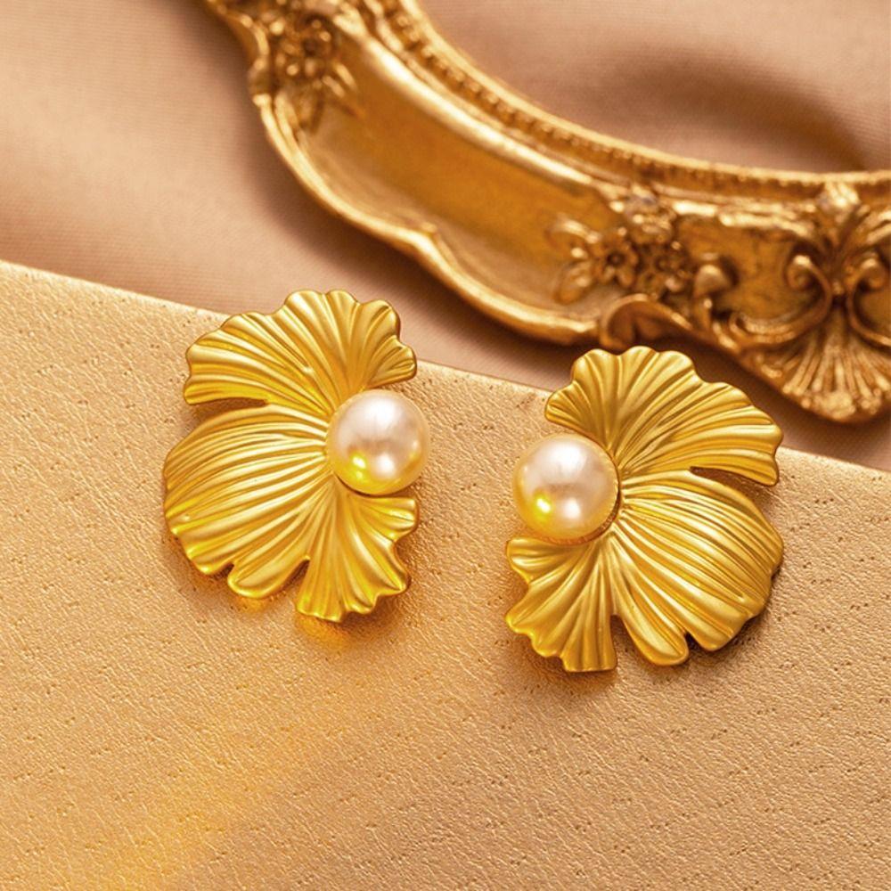 Solid Color Pearl Ear Studs Elegant Flower Earrings Jewelry Fashion Ginkgo Leaf Earrings  Gift