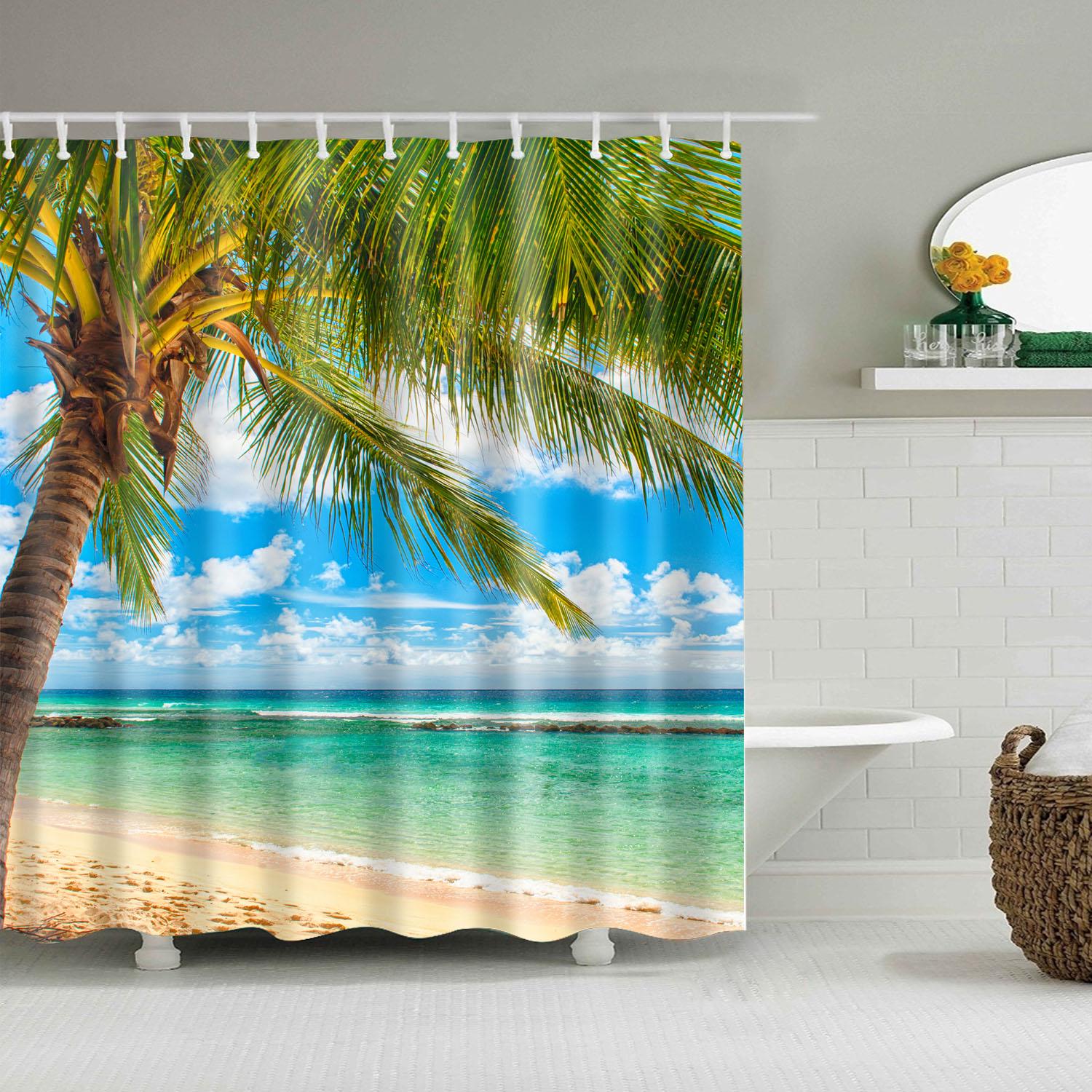 

Shower Curtains Washable Beach Scene 120X180 3D Digital Landscape Printed Waterproof Bathroom Bath Curtain Polyester Fabric W60H190(CM)-1 Pcs