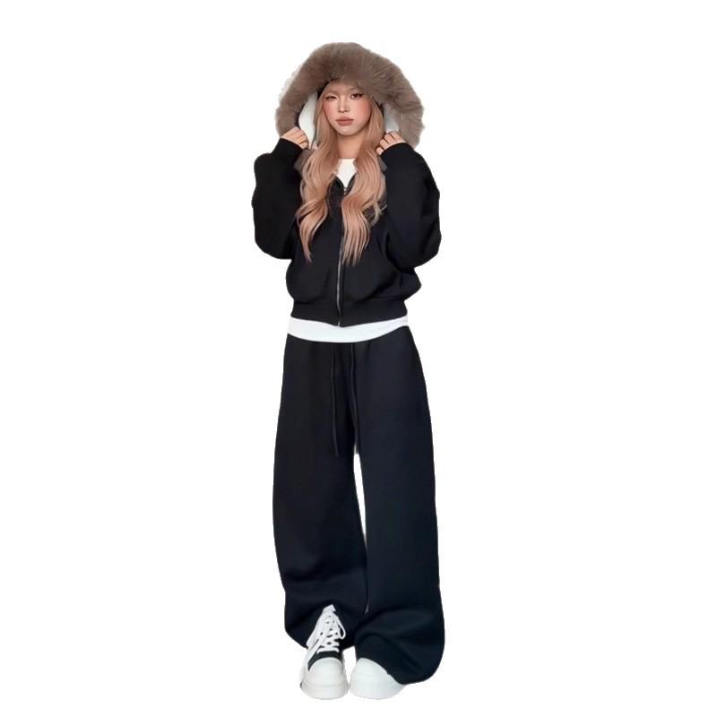 Women's Korean Style Velvet Fur Hooded Sweatshirt & Wide Leg Pants Set - Autumn/Winter Fashion