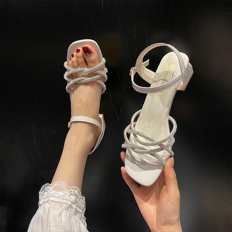 

2025 super fairy sandals women s thick heel new rhinestone versatile middle heel with skirt one-button sandals women s outer wear 36