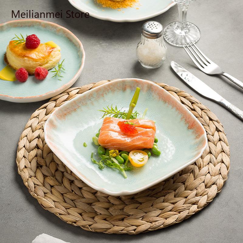 Japanese Ceramic Plate Underglaze Colored Tableware Flat Plates Kitchen Dining Bar Tableware Dinner Plates Square Cake Tray
