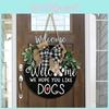 Beautifully Crafted Wooden Dog Door Hanger Featuring Cozy Leafy Wreath And Checkered Design