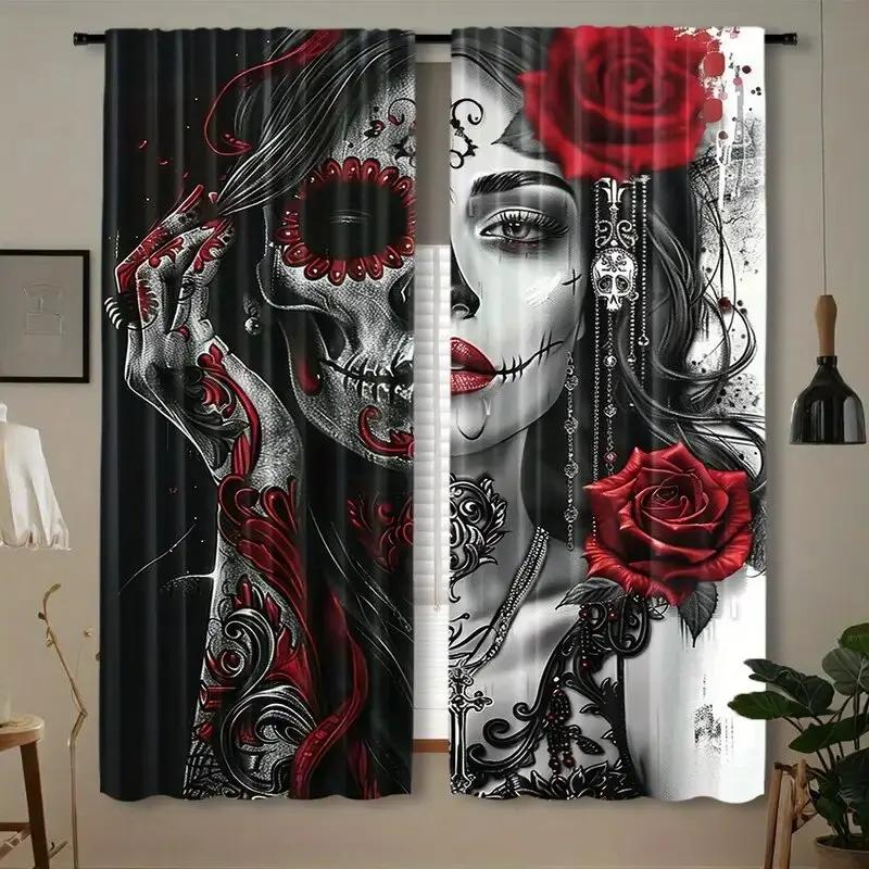 Set Of 2 Gothic Skeletons Red Roses Printed Curtains Pole Bag Bedroom Living Room Home Decoration Curtain For Area Made Polyester